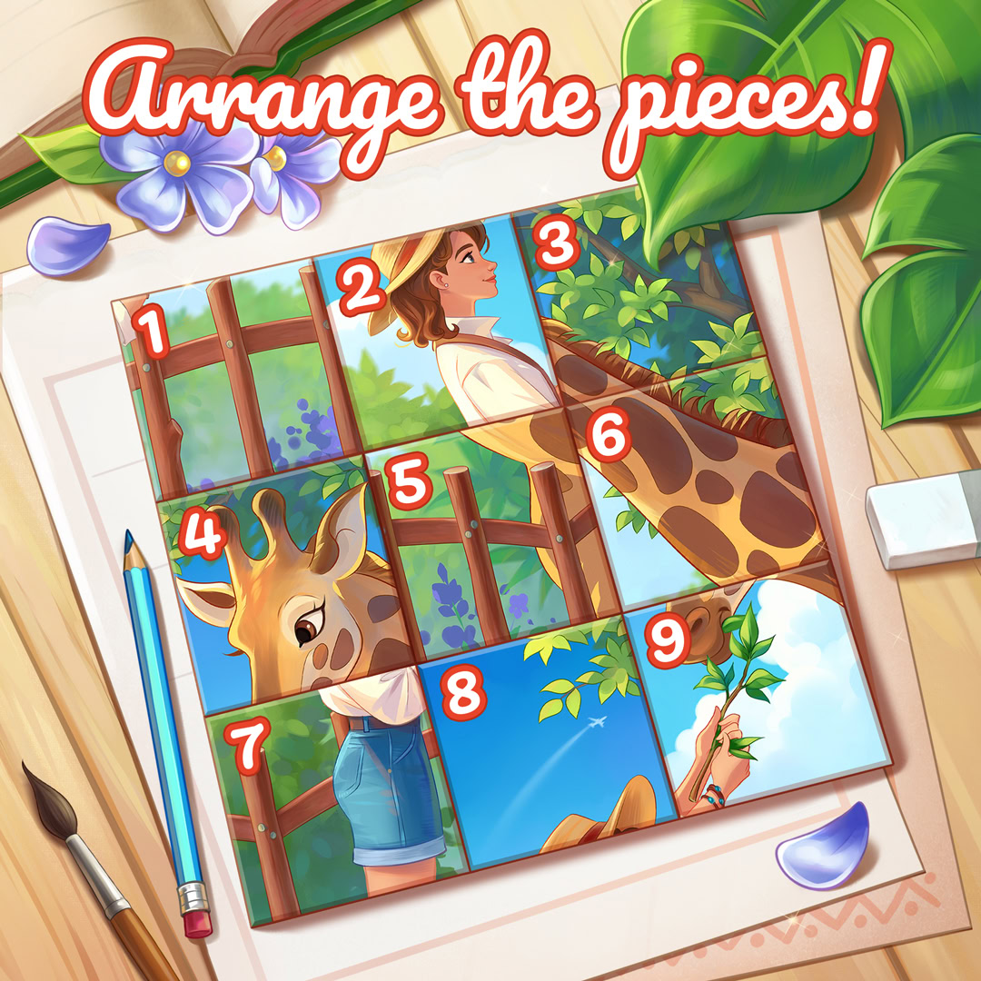 Cartoon numbered puzzle pieces forming a giraffe by a window on a tabletop with pencil and paintbrush
