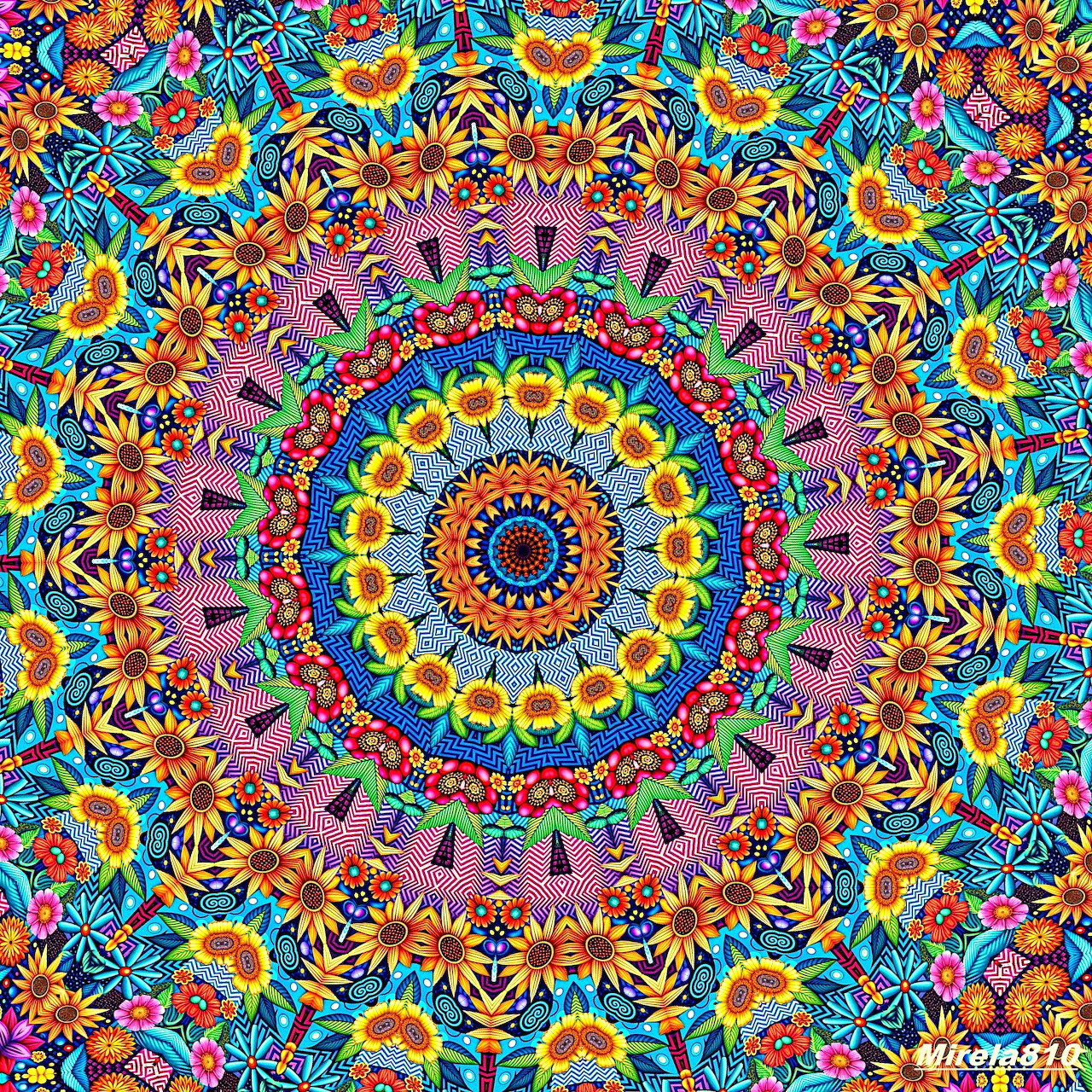 Colorful symmetrical mandala with floral patterns in rainbow hues on pink background