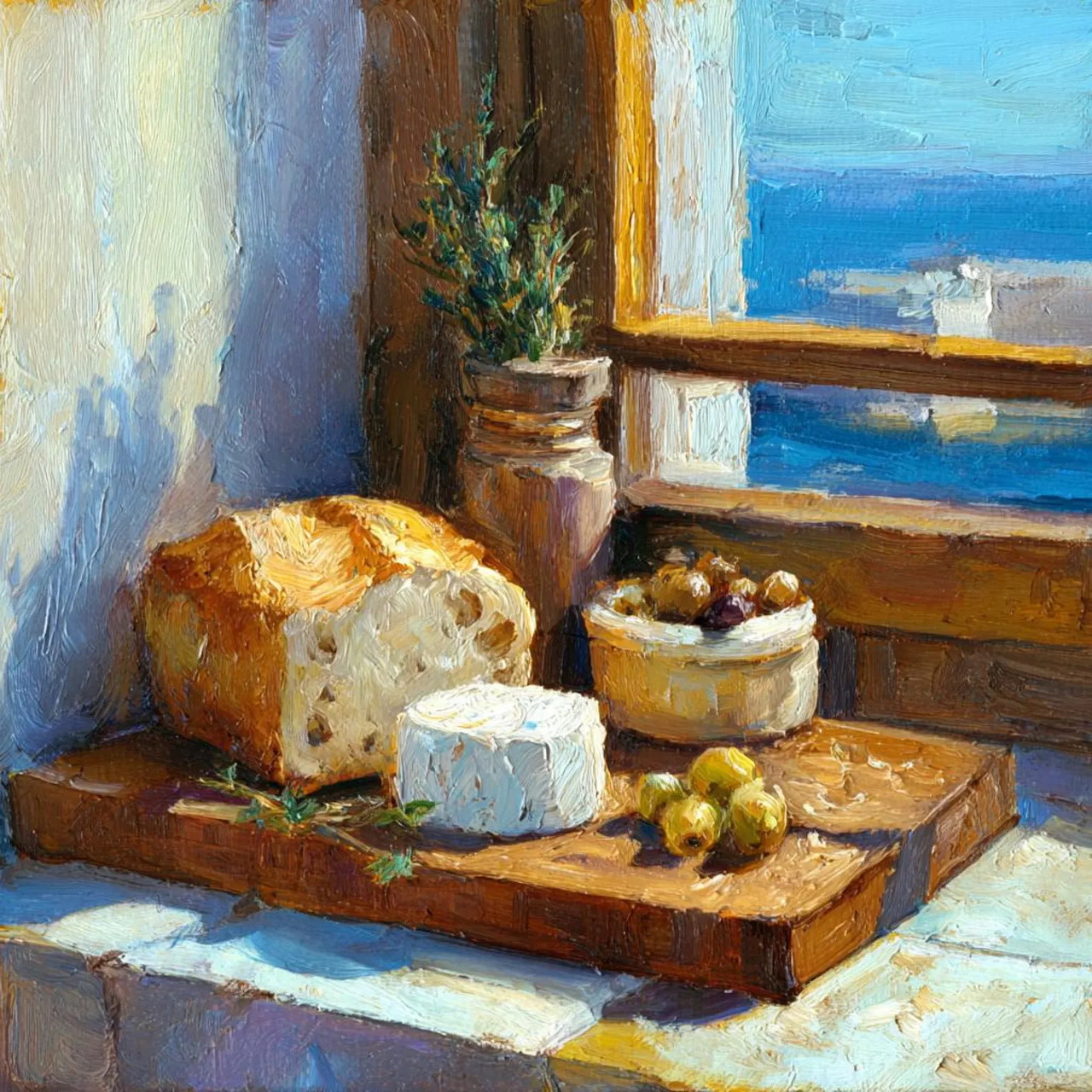 Impressionist still life painting of bread, cheese and olives on wooden board by coastal window