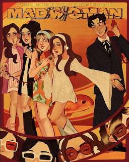 Retro-style illustration of women and a man in 1960s attire with 'Mad Woman' text at the top.