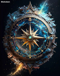 Golden fantasy compass rose with ornate frame surrounded by blue cosmic energy and lightning