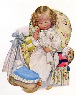 Vintage illustration of a curly-haired girl in white nightgown holding a doll next to a blue cradle