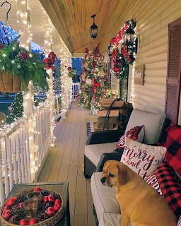 Dog lying on a Christmas-decorated porch with string lights, garlands, red ornaments, and festive pillows