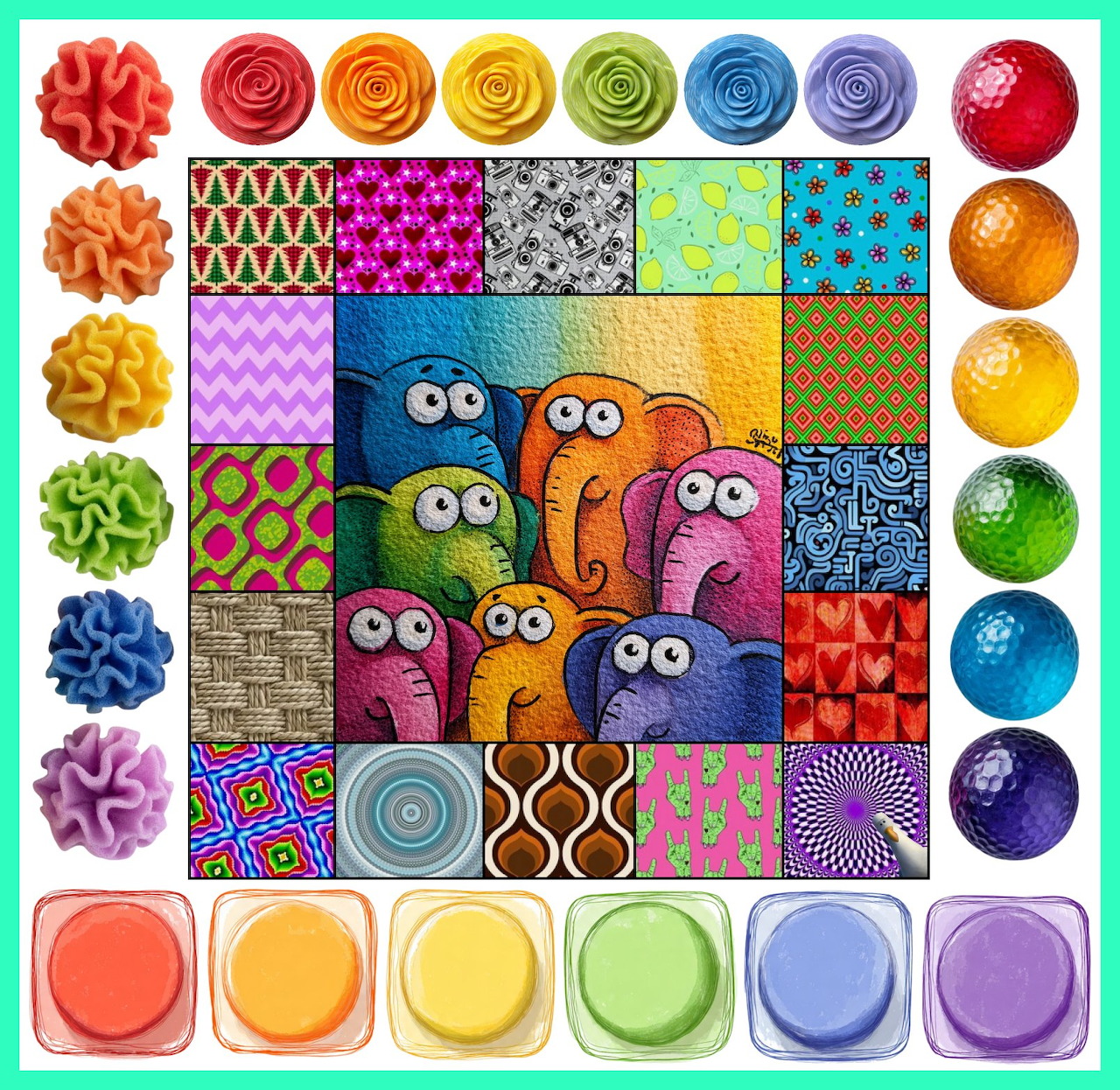 Colorful patchwork illustration with cartoon elephants, paint swirls, and watercolor pans