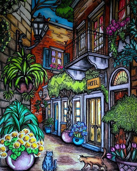 Illustrated hotel courtyard with cats, potted plants, flowers, and a warm glowing entrance at dusk