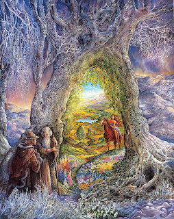 Fantasy painting of people walking toward glowing tree portal revealing tropical paradise beyond snowy landscape