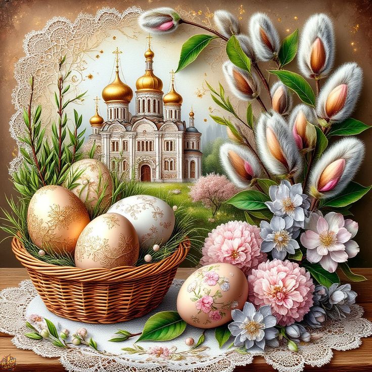 Illustrated Easter scene with eggs in a basket, flowers, pussy willow branches, and a church