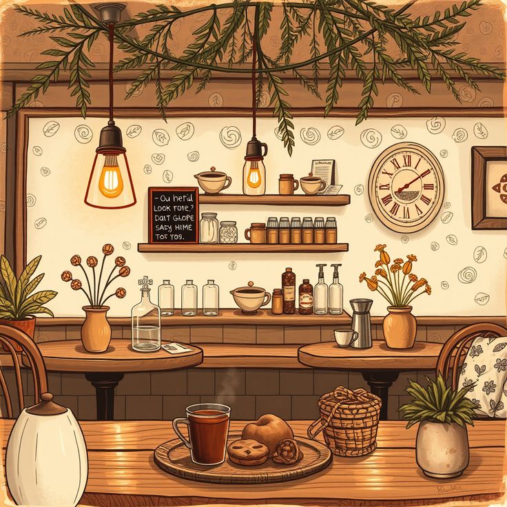 Illustrated cozy coffee shop interior with coffee, pastries, shelves, hanging lights, and plants