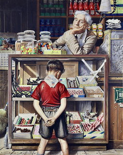Painting of a boy in a red shirt standing at a candy shop counter with an elderly shopkeeper leaning over the display