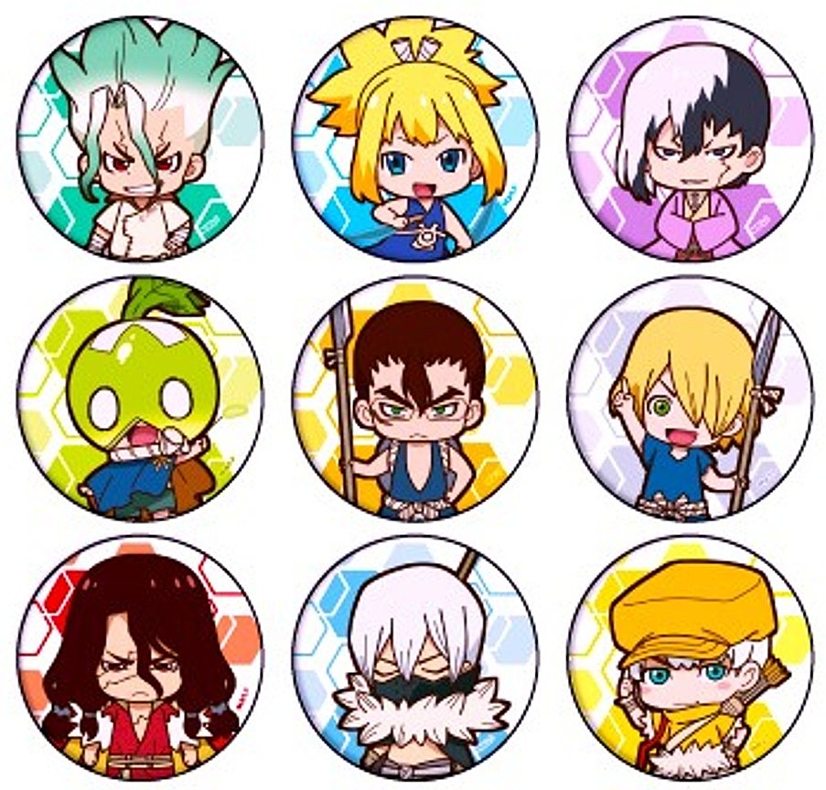 Nine circular chibi anime character badges from Dr.STONE arranged in a 3x3 grid