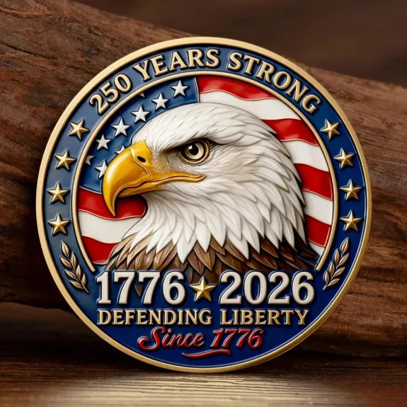 Commemorative coin with bald eagle and American flag, text reads 250 Years Strong 1776-2026 Defending Liberty