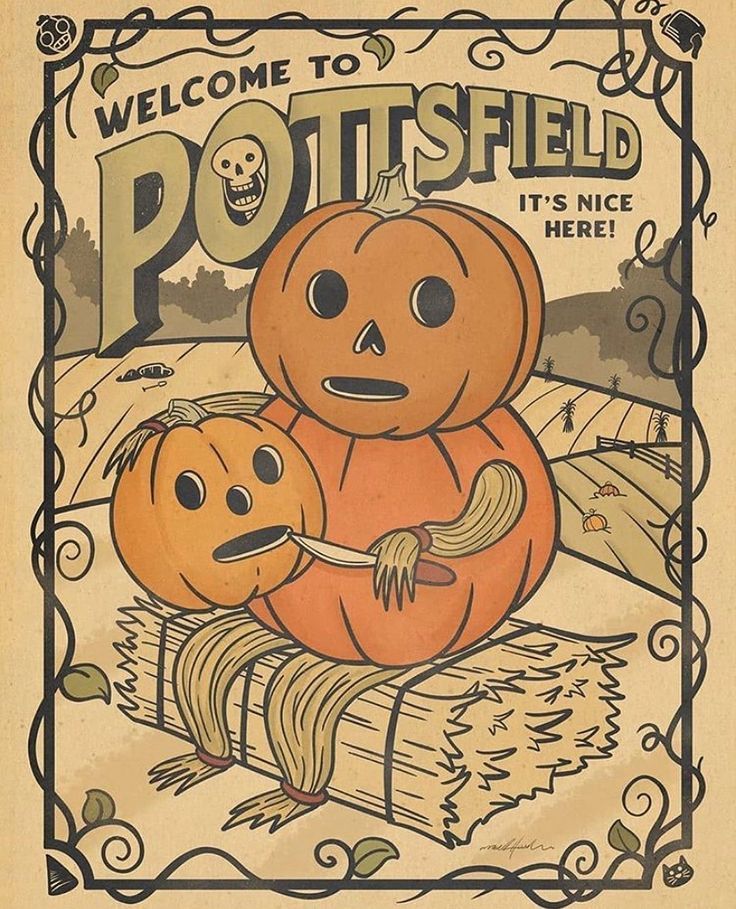 Pottsfield village scene with pumpkin-headed skeleton figures under a full moon