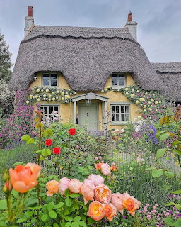 Yellow cottage with thatched roof behind colorful garden flowers in Cotswolds, England