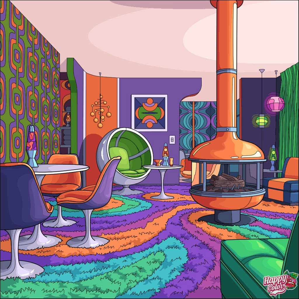 Colorful cartoon retro 70s living room with orange fireplace, egg chair, and psychedelic decor