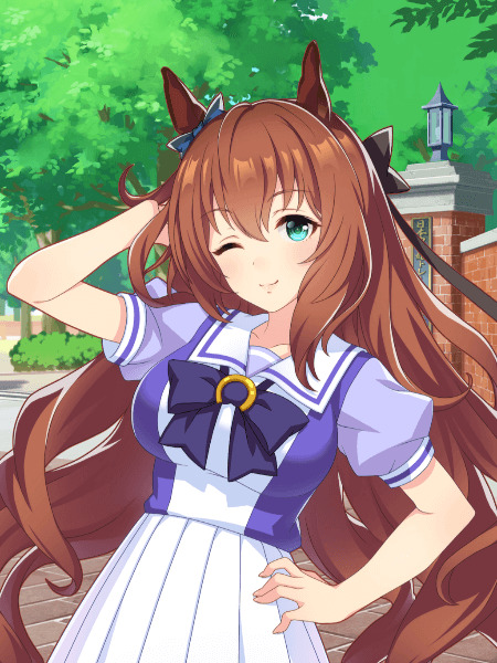 Anime girl Maruzensky with brown hair, horse ears, winking, wearing blue sailor uniform outdoors