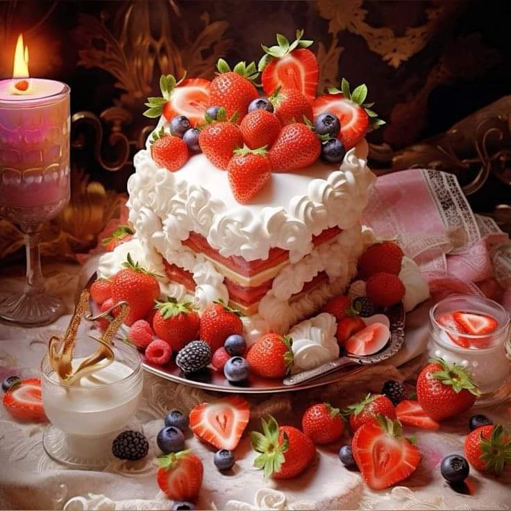 Multi-tiered white cream cake topped with fresh strawberries and berries, surrounded by candles