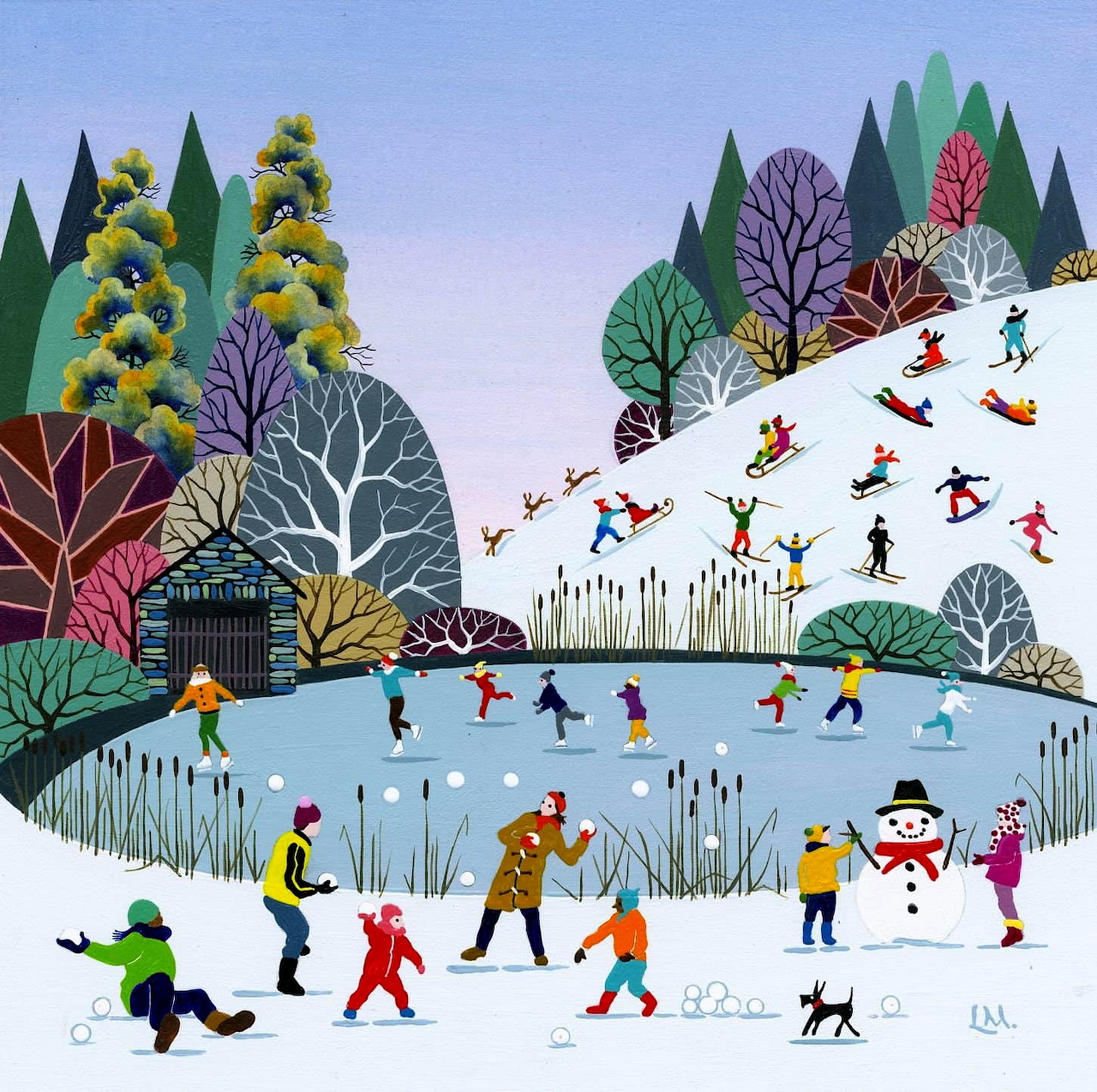 Folk art painting of children playing in winter snow with ice skating, sledding, and snowman building