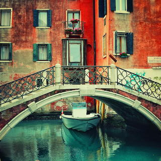 Venice Canal with Bridge and Boat