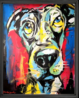 Colorful painted portrait of a dog's face with bold abstract brushstrokes