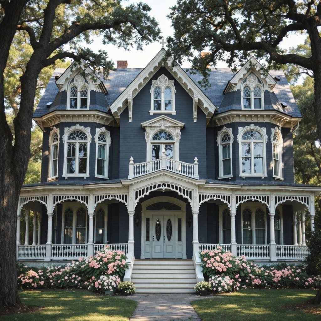 Blue Victorian house with white trim, porch, and pink flowering bushes in front