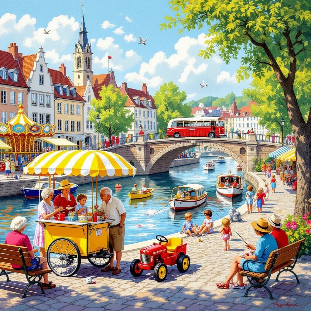 Colorful illustration of a lively European canal with bridge, boats, cafés, and pedestrians on a sunny day
