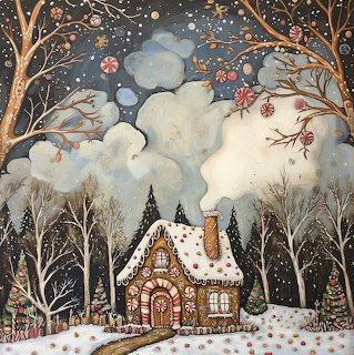 Illustrated snow-covered cottage in a winter forest under a cloudy night sky