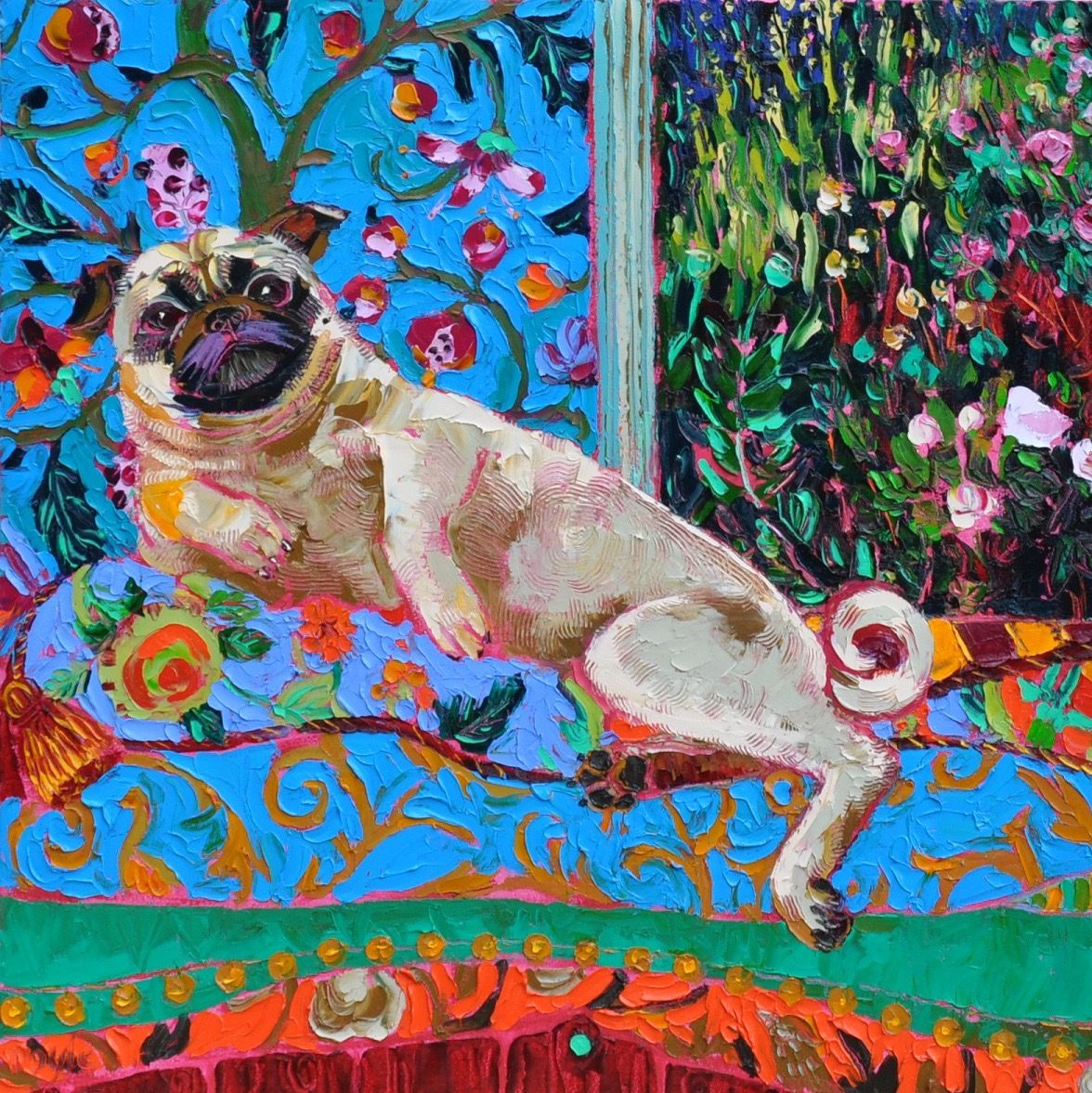 Pug dog lounging on decorative turquoise couch with red flowers and garden scene painting