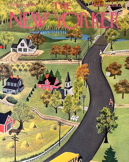 Aerial illustration of winding road through autumn suburban neighborhood with colorful trees and houses