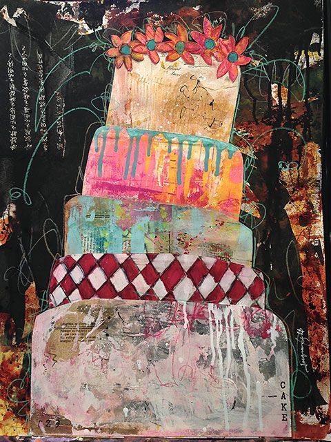 Abstract painting of a multi-tiered cake with colorful patterned layers and textured brushwork