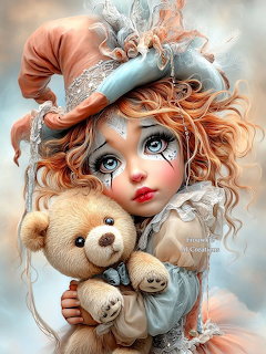 Illustrated clown girl with curly red hair and teardrop makeup hugging a brown teddy bear in pastel costume