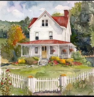 Watercolor farmhouse with red roof, porch, flowers, and white picket fence