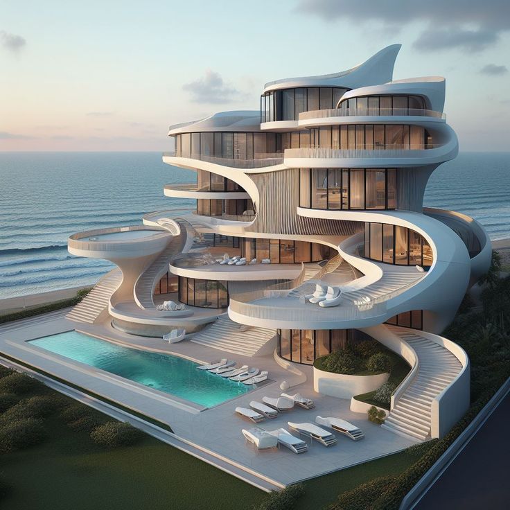 Futuristic white spiral villa with curved balconies and infinity pool overlooking ocean at dusk
