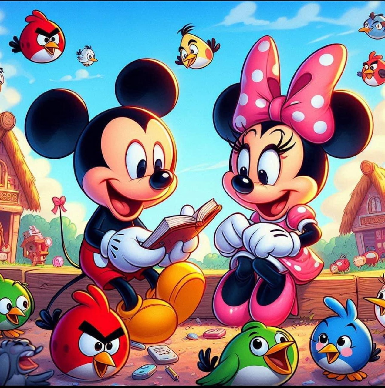 Mickey and Minnie Mouse with Birds