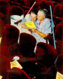 Elderly couple reading program in theater seats, Norman Rockwell style illustration