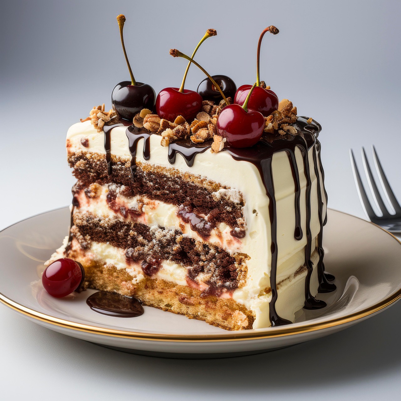 Slice of chocolate layer cake with cream, cherries, chocolate sauce, and nuts on a plate