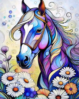 Colorful watercolor illustration of a horse with flowing mane among daisies and swirling decorations