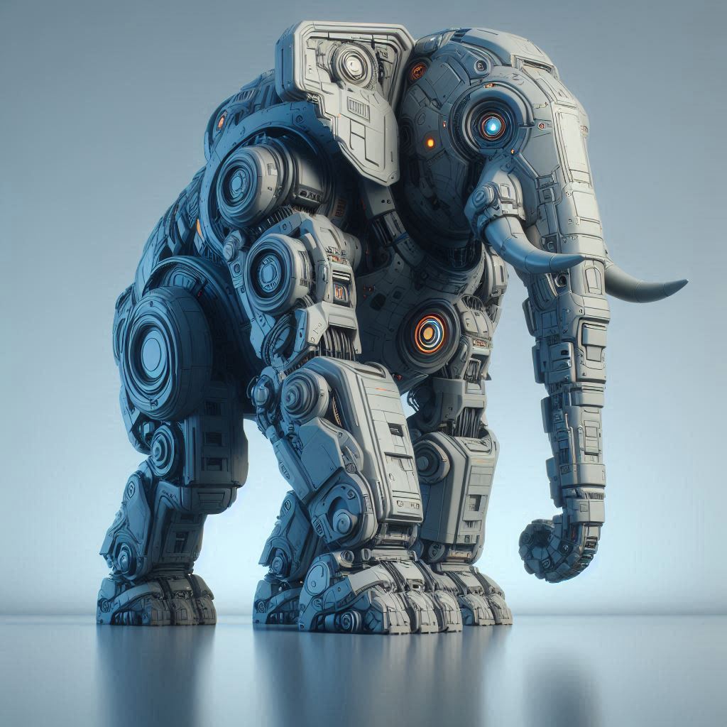 Futuristic robotic elephant with detailed metallic body standing on a reflective surface
