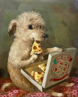 Fluffy white puppy holding pizza slice from open box in painted illustration style
