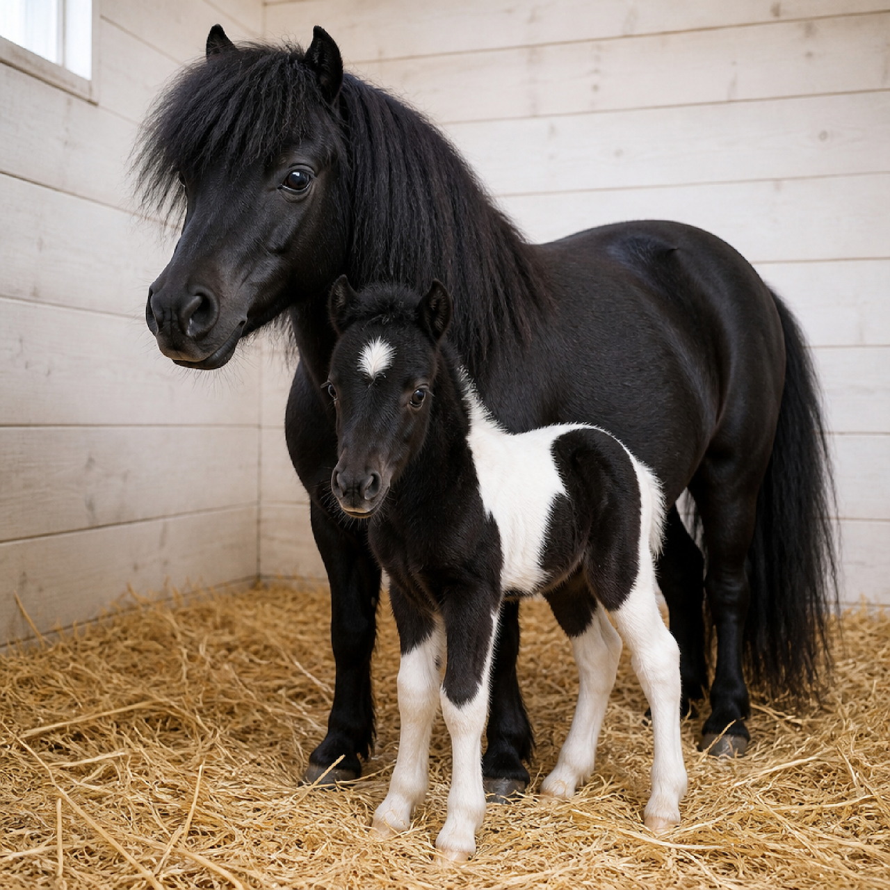 Black miniature mare standing with black and white foal in stable