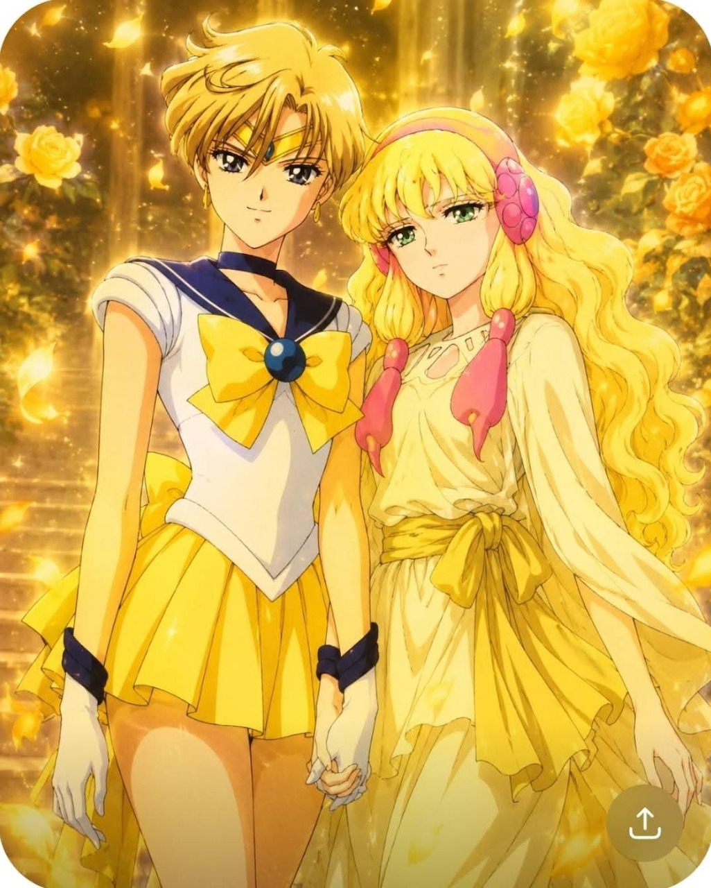 Two anime girls in yellow outfits, one in a sailor uniform and one in a flowing dress, with golden roses behind them