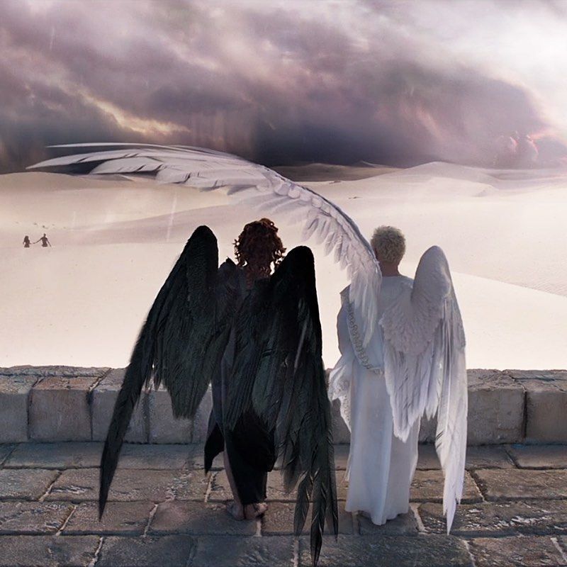 Three angelic figures with wings on rooftop viewing snowy mountains and stormy sky