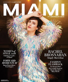 Rachel Brosnahan wearing a sparkling silver fringe jacket on a magazine cover with stage lighting