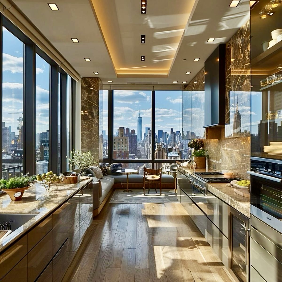 Modern high-rise condo interior with kitchen, living room, and city skyline view through large windows