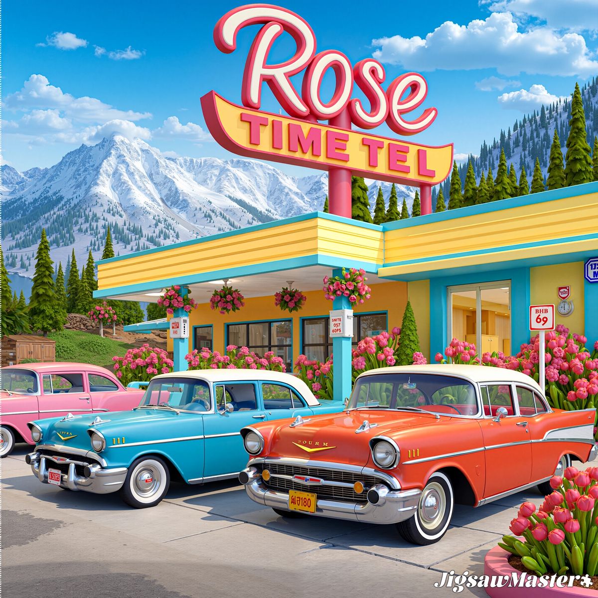 Retro 1950s motel with vintage cars parked in front, neon Rose Time sign, mountains and blue sky in background
