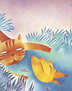 Stylized orange cat and yellow bird in pastel illustration with tropical leaves