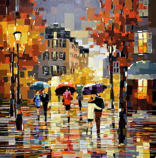 Impressionist painting of people with umbrellas on rainy city street with autumn colors and reflections