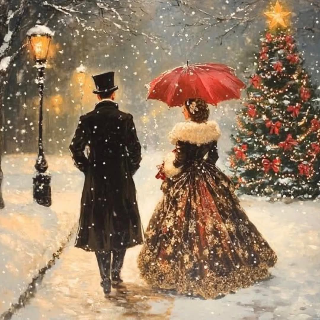 Victorian couple with red umbrella strolling past decorated Christmas tree in snowy evening street with glowing lamps