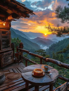 Sunset view from a mountain cabin terrace with coffee on table and valley below
