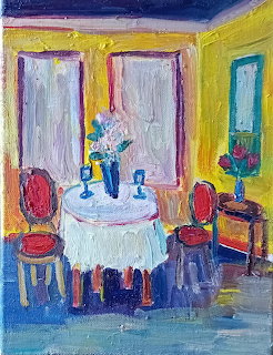 Impressionist painting of yellow room with table, chairs, and windows