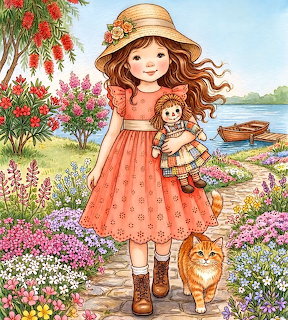 Girl with Doll and Cat
